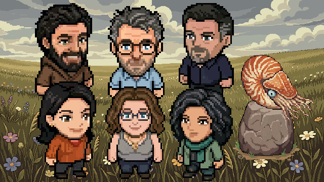 Pixel-art group portrait: six of us standing together in a hillside meadow, with a nautilus resting on a stone beside us