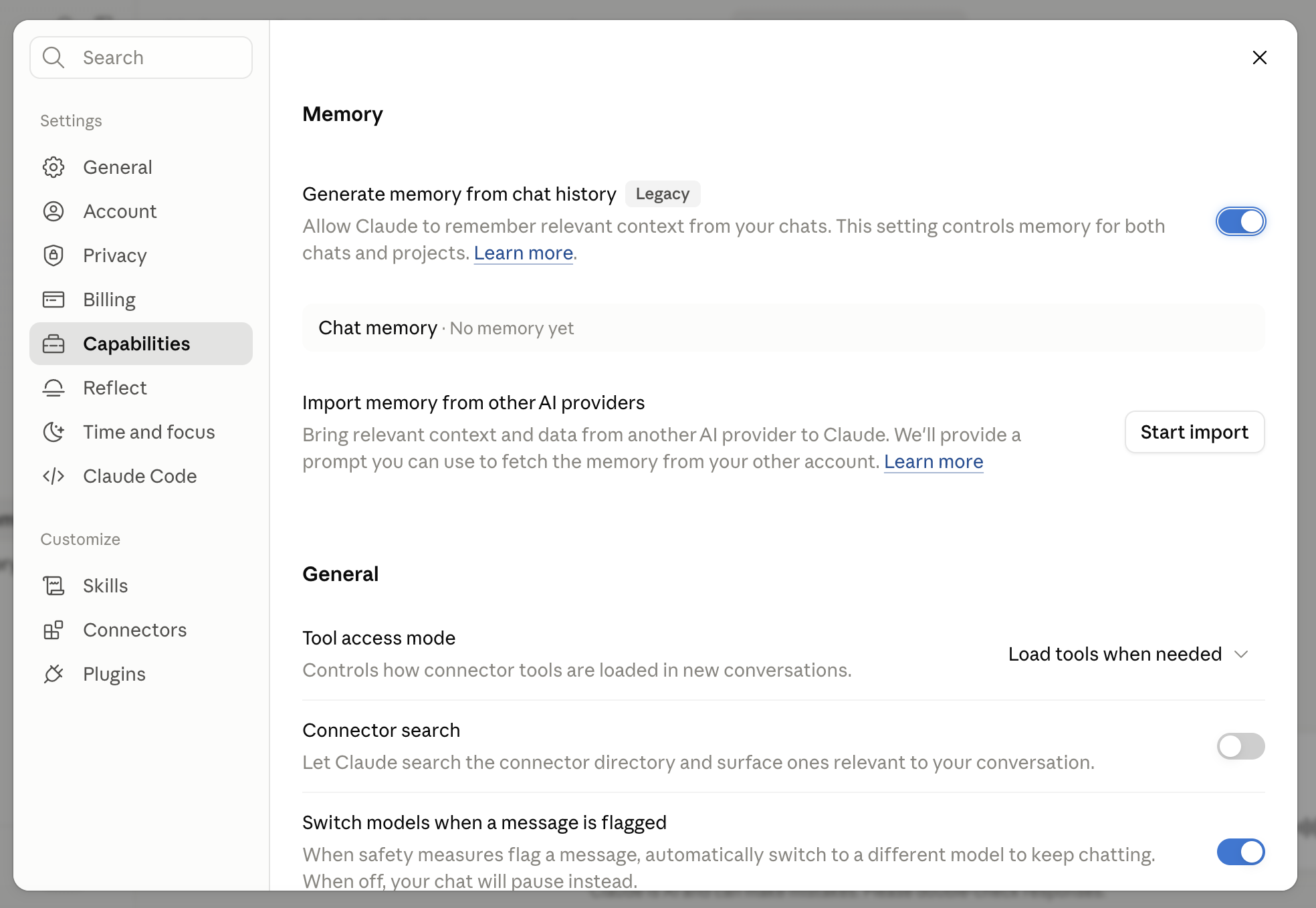 Settings → Capabilities, showing both toggles on