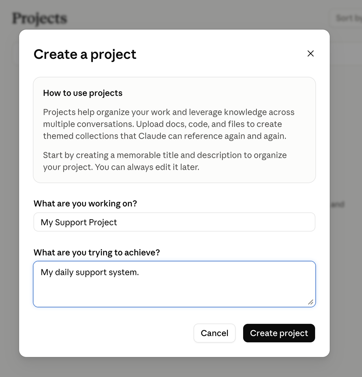 the Create a project dialog, both fields filled in