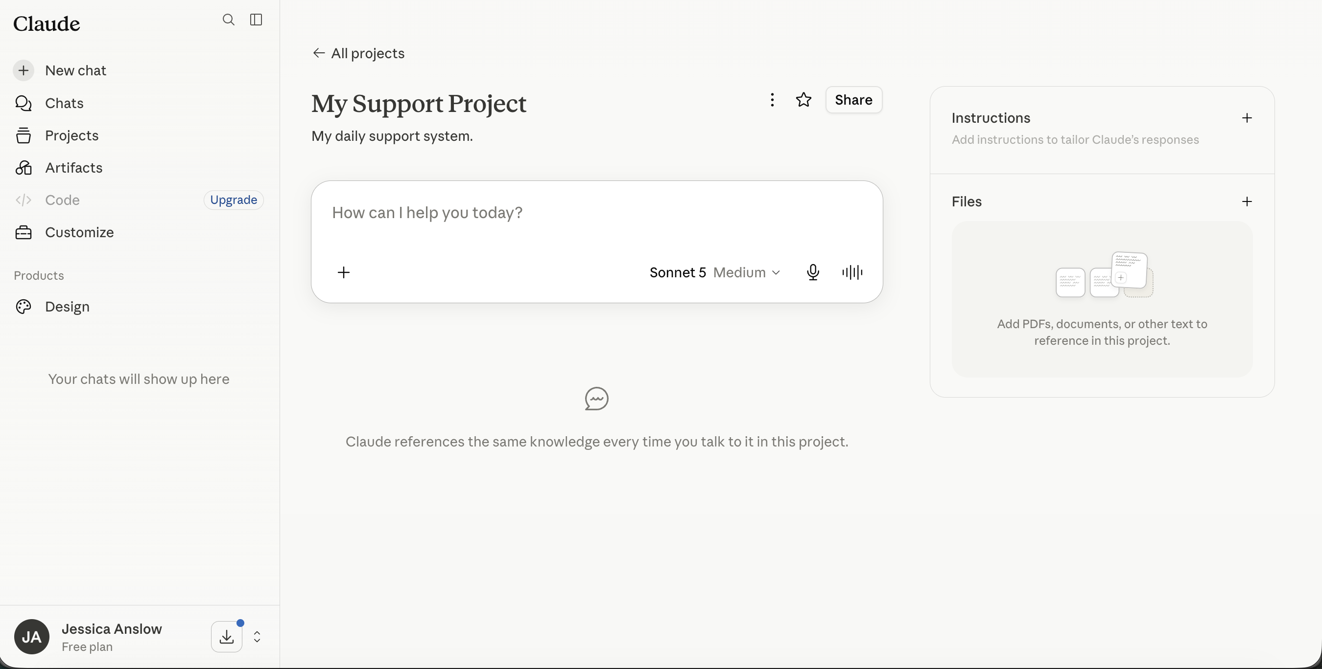 the project page, Instructions panel on the right