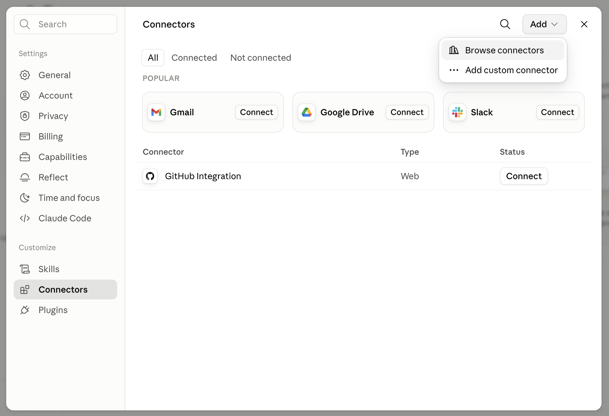the Connectors screen with the Add menu open