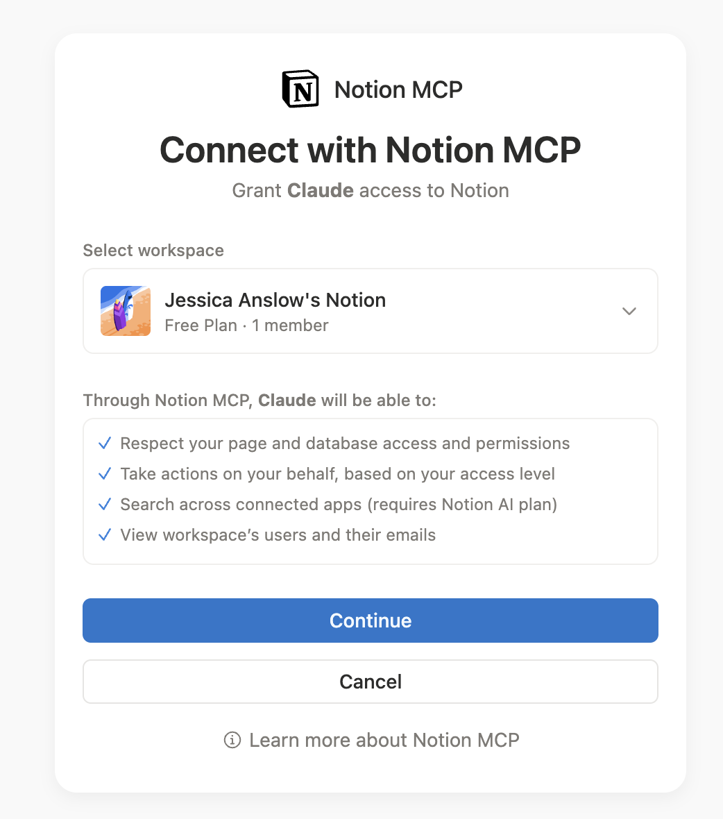 the Connect with Notion MCP approval screen