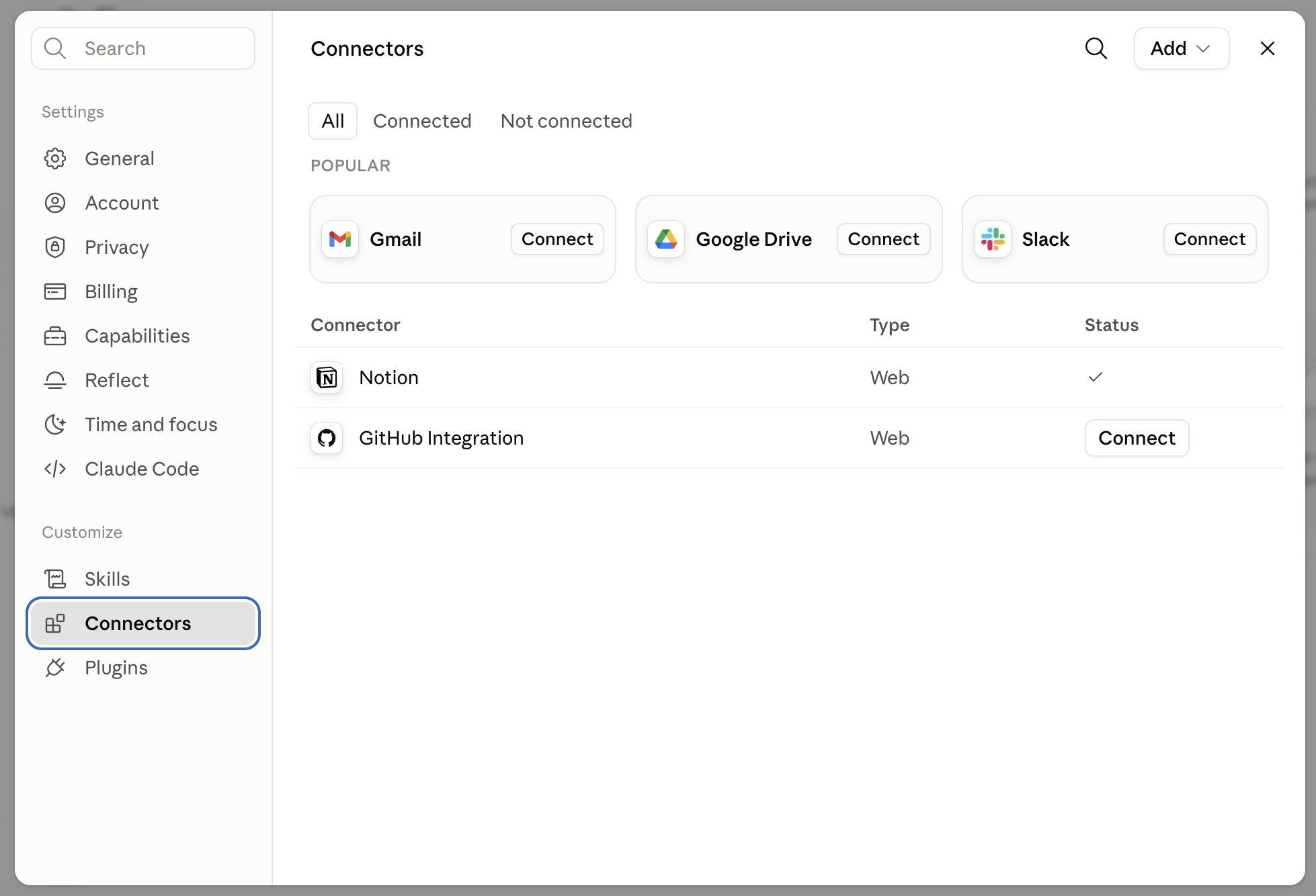 Notion with its tick in the connectors list