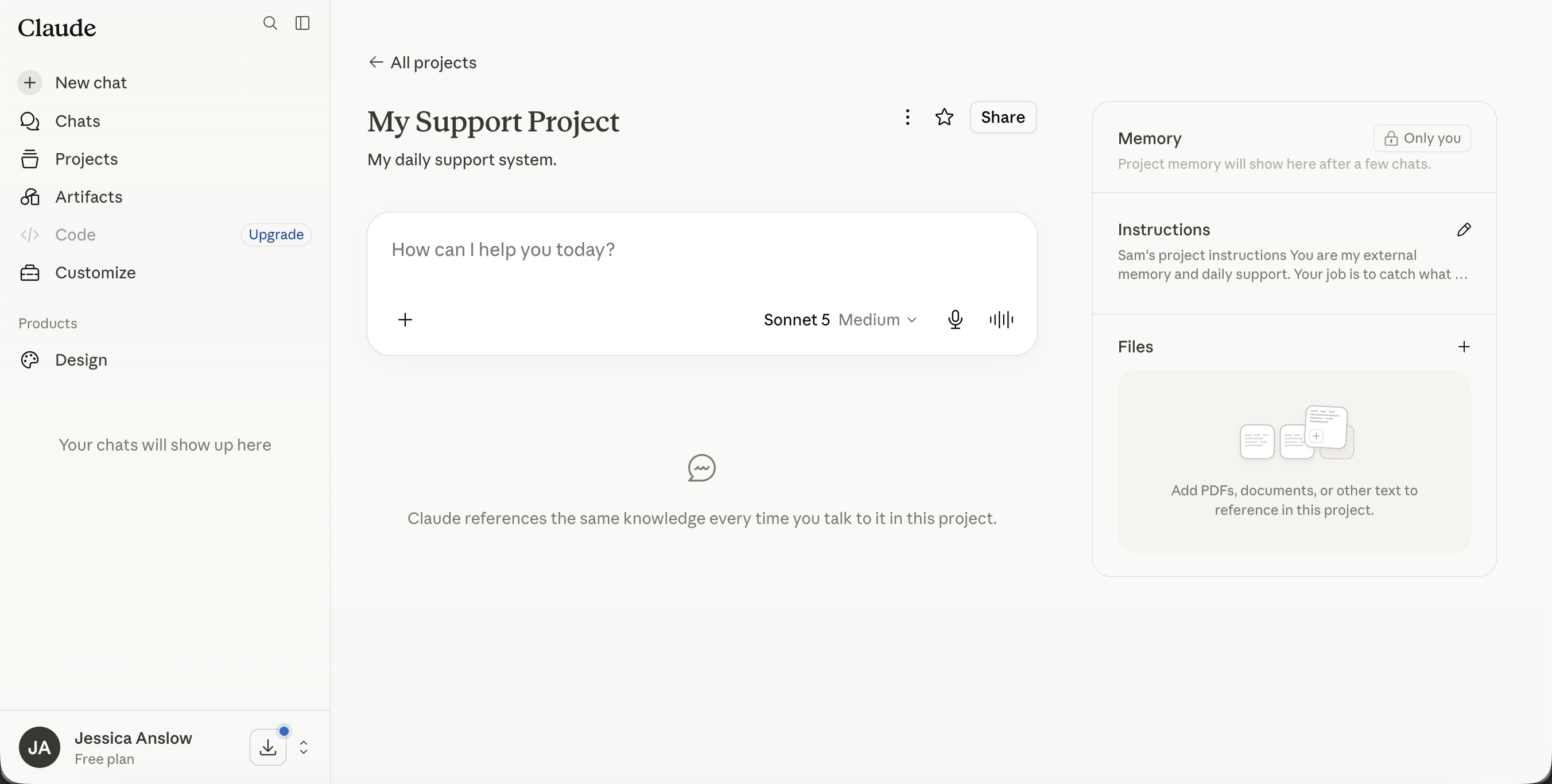Your project open, with Memory, Instructions, and Files on the right